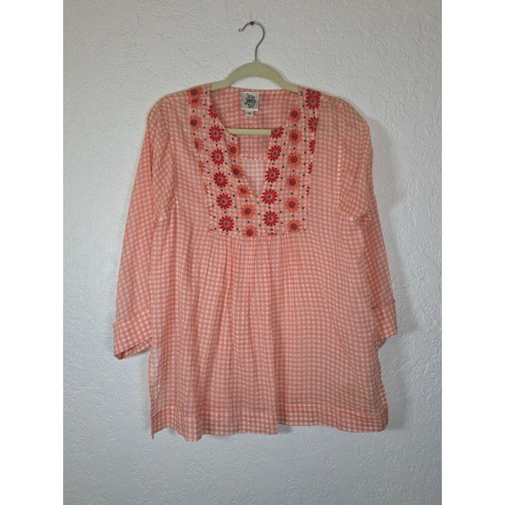 Ivy Jane Pink Embroidered Checkered Size Small V Neck Boho Cottage Feminine